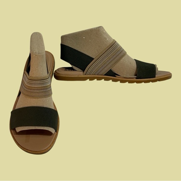 Sorel Ella Flat Sandals in Olive Beige Striped Elastic Stretch Bands Sling Sz 8 - Picture 2 of 7